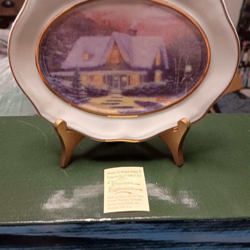Thomas Kinkade Winter Cottage Plate with Gold and Purple Hues